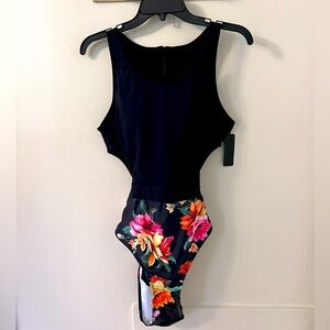 Floral black one-piece cutout swimsuit